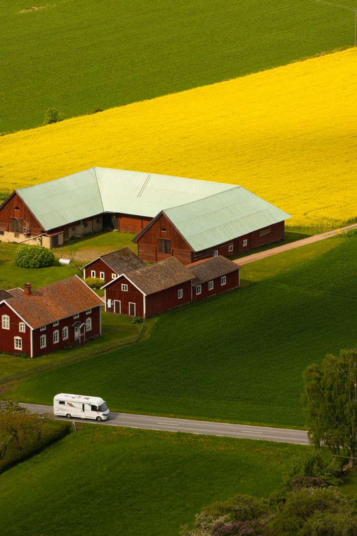 digital A picturesque aerial view of a farm in Gränna, Sweden with vibrant fields and red barns.